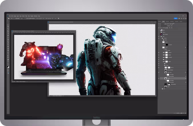 Photoshop workspace showing astronaut character composited into Lenovo gaming laptop screen.