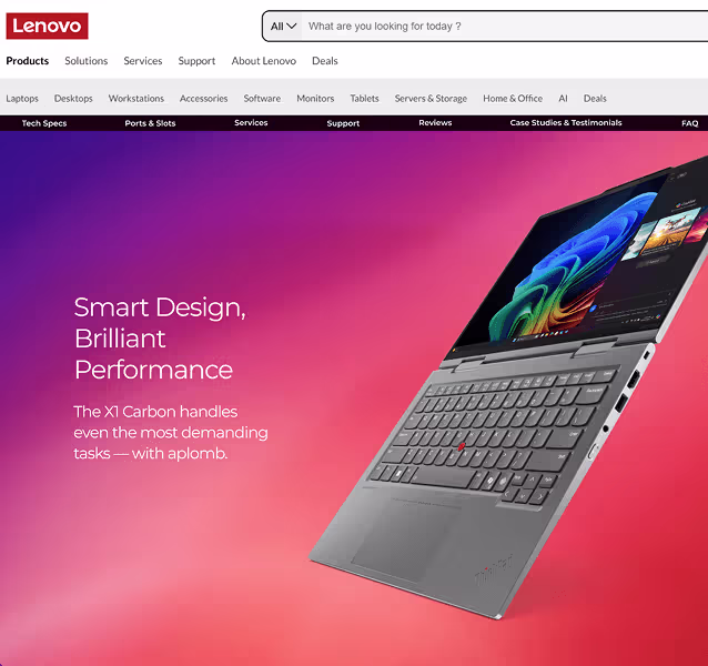 Lenovo X1 Carbon campaign page highlighting smart design and performance on gradient background.