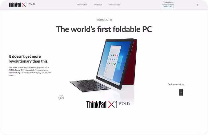 Campaign homepage design introducing the world’s first foldable PC, Lenovo ThinkPad X1 Fold.