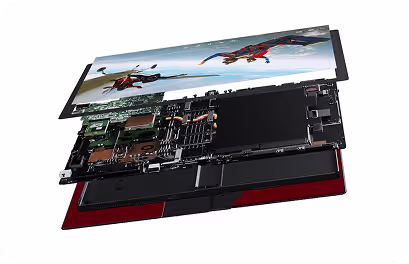 Exploded view of Lenovo ThinkPad X1 Fold hardware layers and internal engineering.