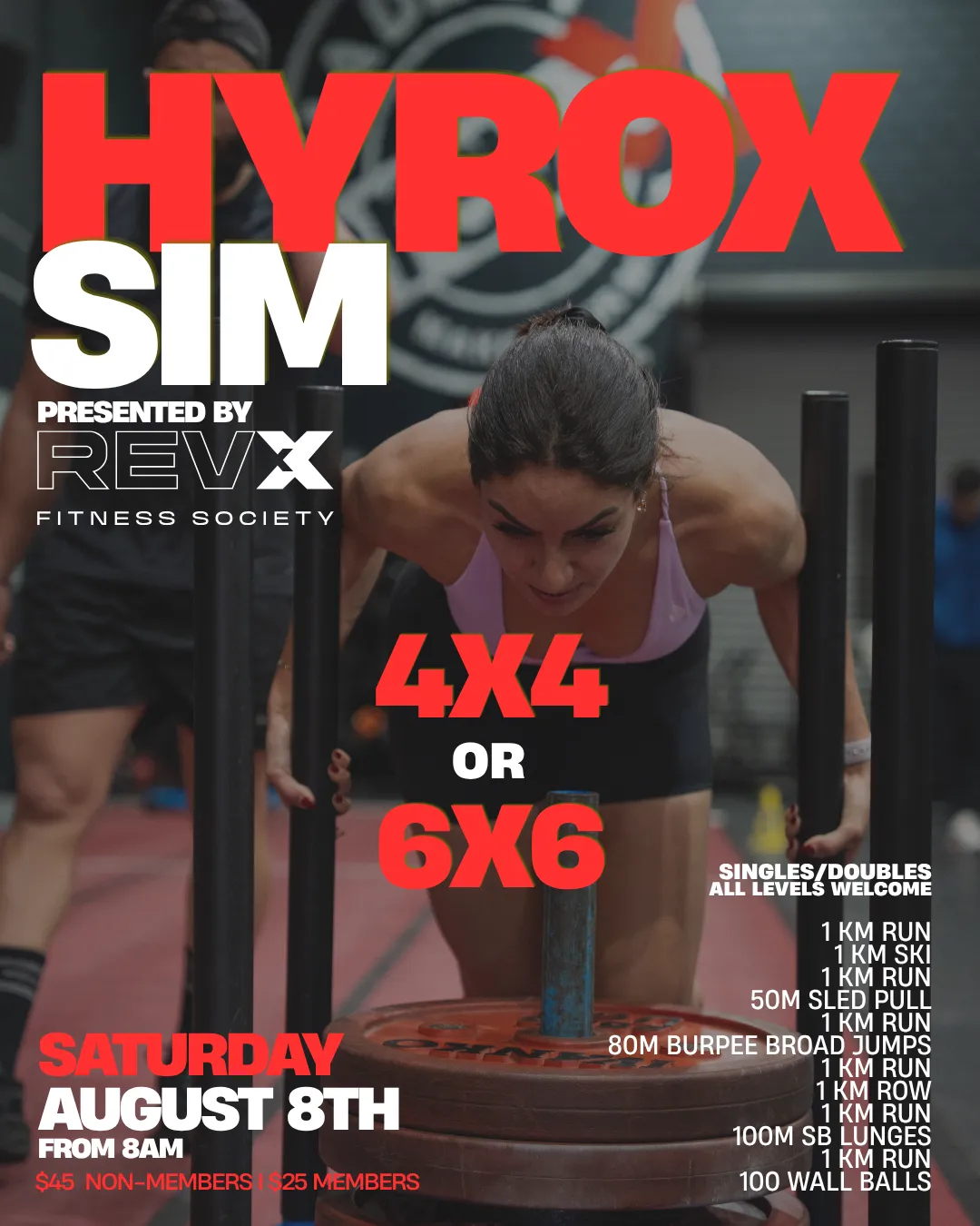 HYROX Simulation event flyer, August 8th, at RevX Fitness Society in Parramatta