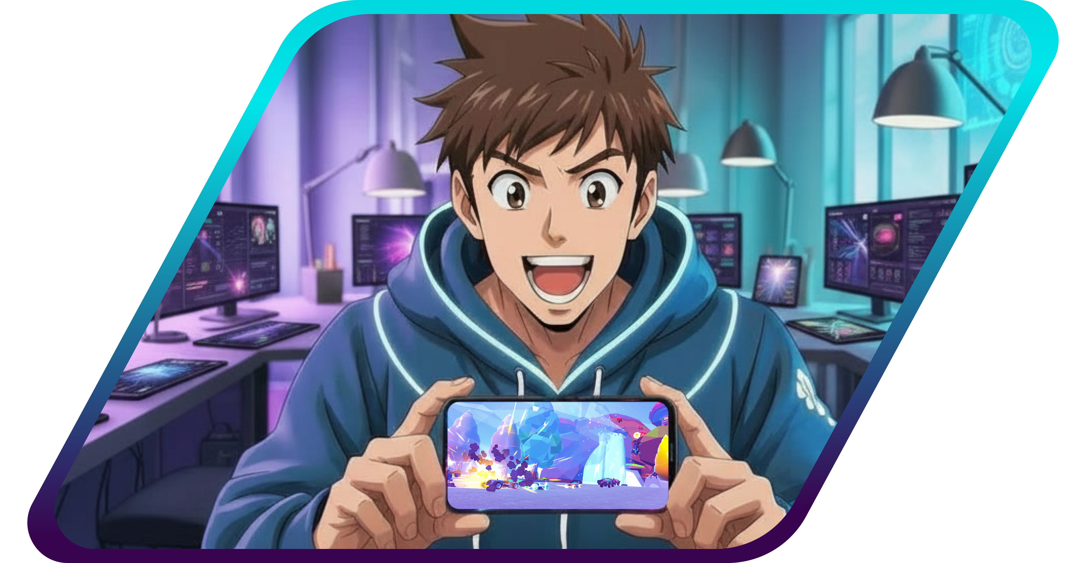 2D Image of a Drift Derby player holding a mobile phone in horizontal position