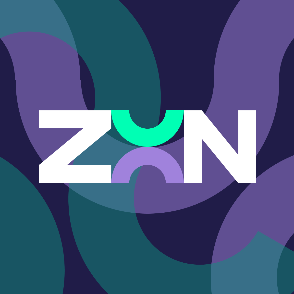 Graphic design featuring the word 'ZOON' in bold white letters with colorful abstract curved shapes in the background.