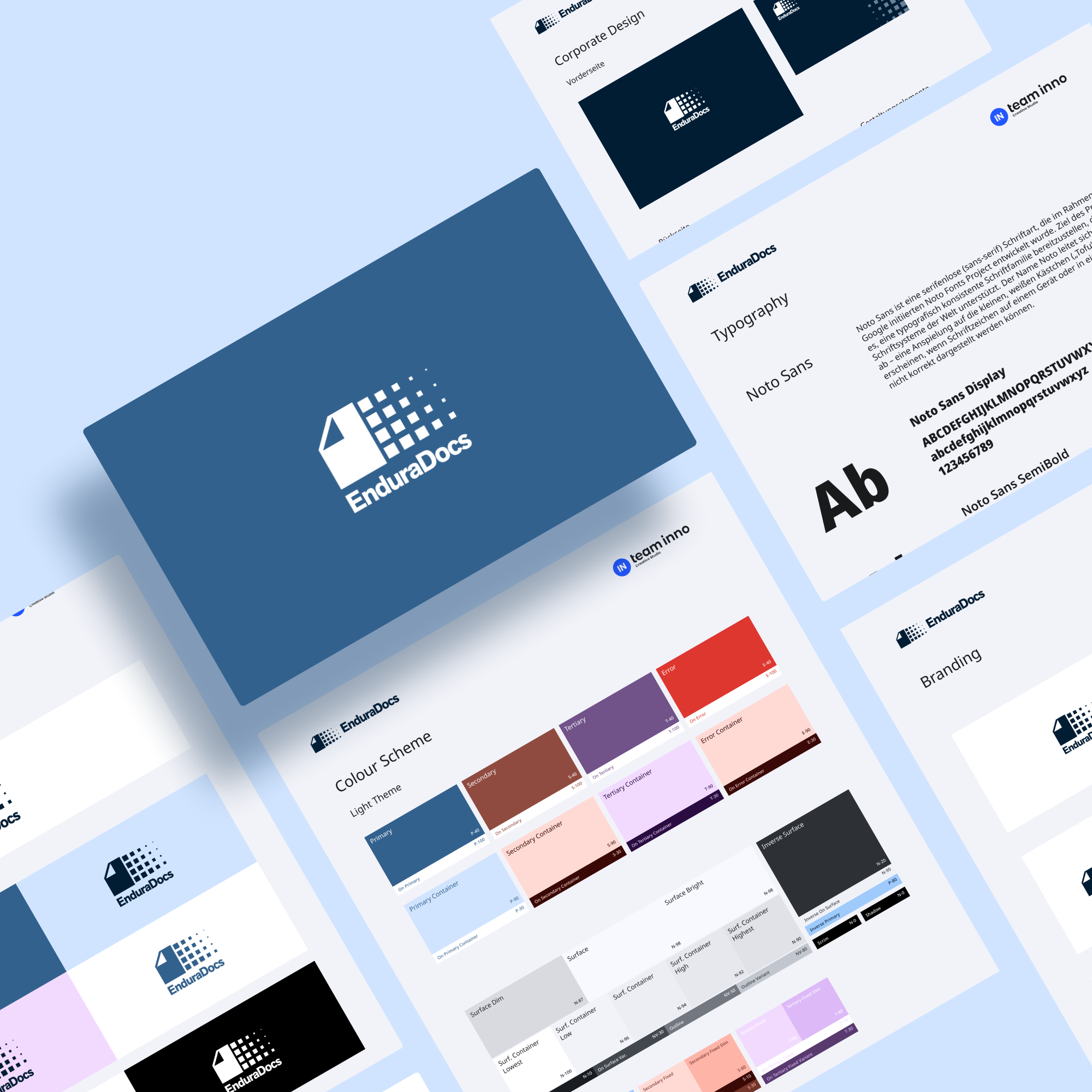 EnduraDocs branding materials including logo variations, color scheme with primary blue, secondary brown, and tertiary purple, typography with Noto Sans font, and corporate design layouts.