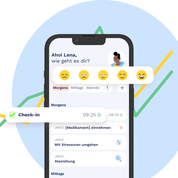 Smartphone screen showing the fimo Health App with mood emojis, medication reminder, stress management, and breathing exercise tasks.