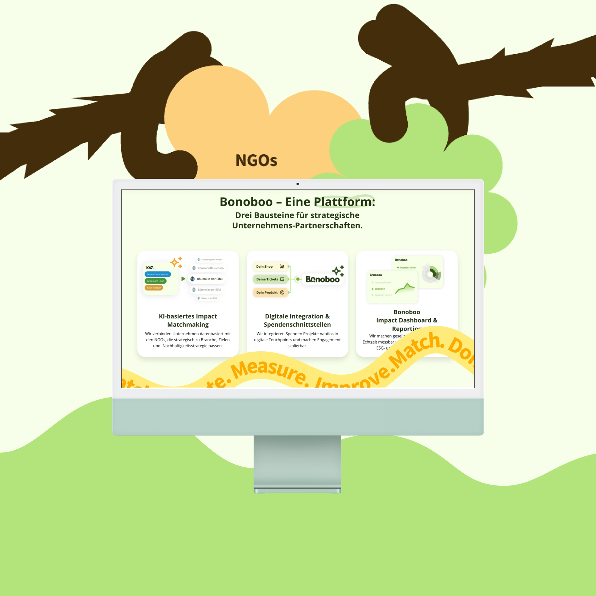 Illustration of two stylized hands holding tree shapes labeled NGOs above a computer screen showcasing Bonoboo platform’s three modules for strategic corporate partnerships.