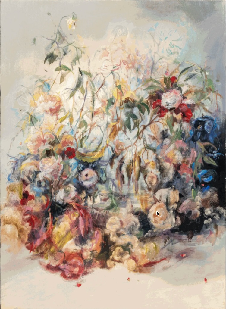 Abstract painting of a colorful bouquet of flowers with blurred, flowing brushstrokes in soft and vibrant hues.