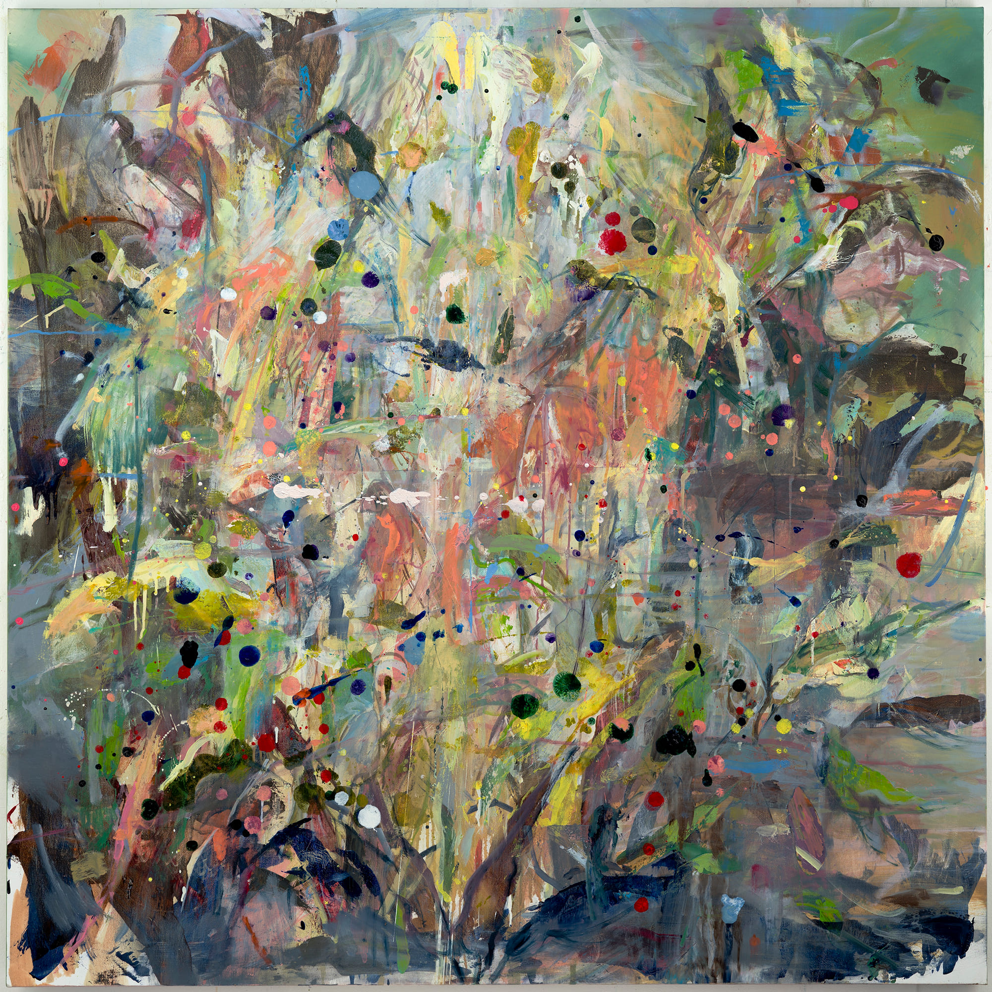 Abstract painting with layered brushstrokes in pastel and vivid colors, featuring scattered dots and organic shapes.