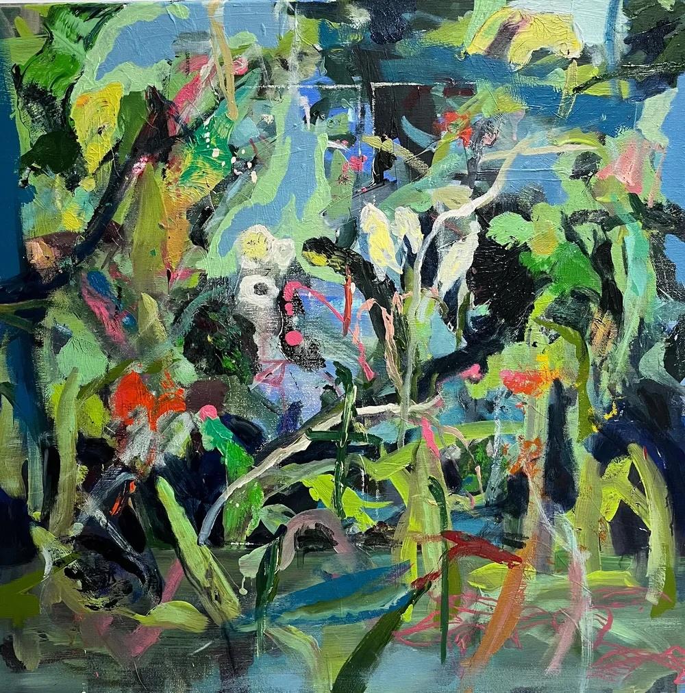 Aquifer Source, 2024 — oil on canvas, framed deep edge white oak, by Melissa O'Donnell