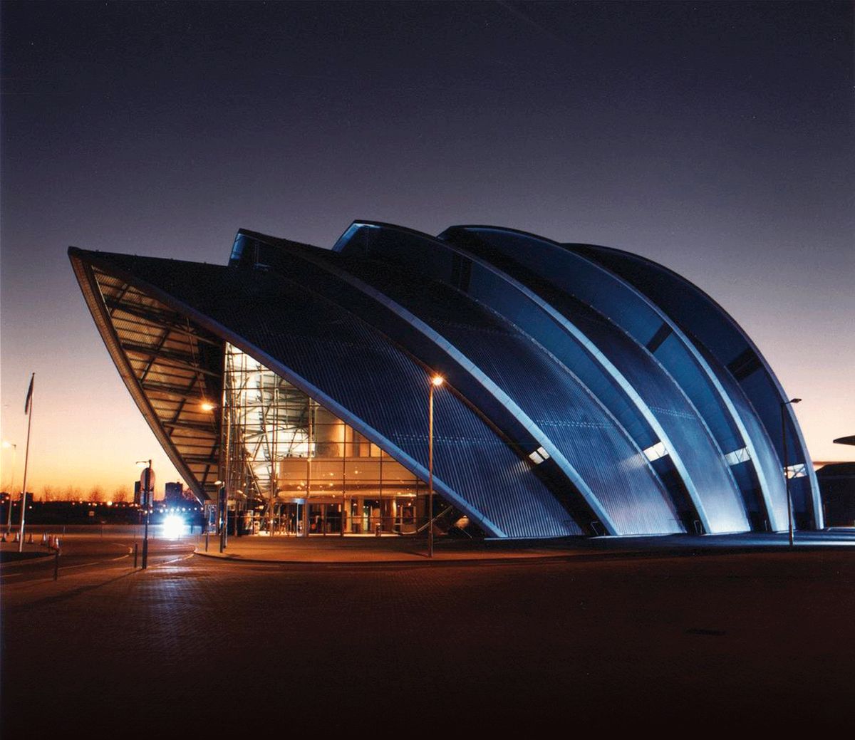 The SEC Armadillo concert hall in Glasgow at dusk