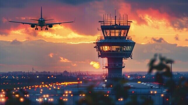 Airport control tower at sunset with aircraft approaching to land