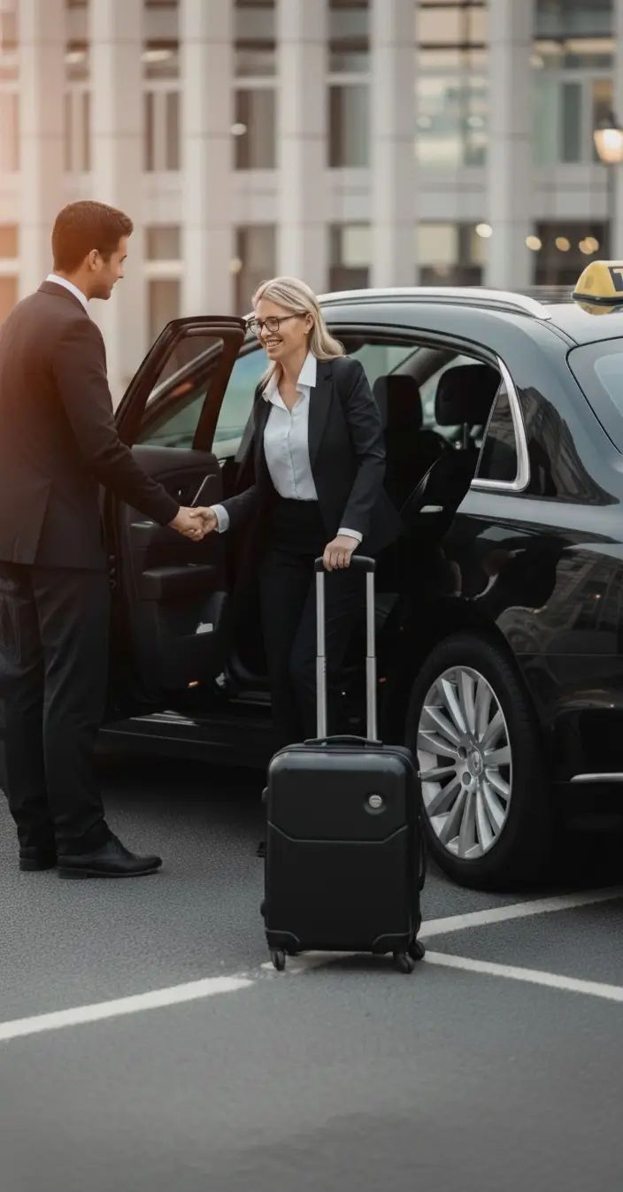 Passenger shaking hands with chauffeur beside a vehicle with luggage
