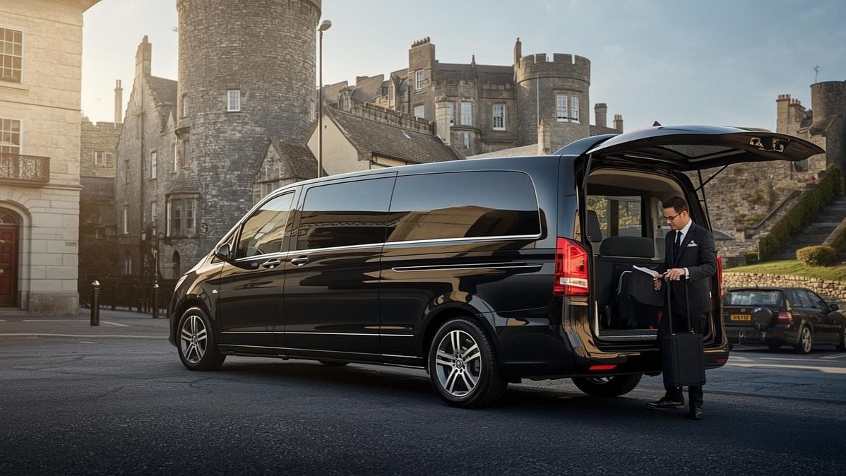 Executive chauffeur loading luggage into a Mercedes V-Class outside a historic building