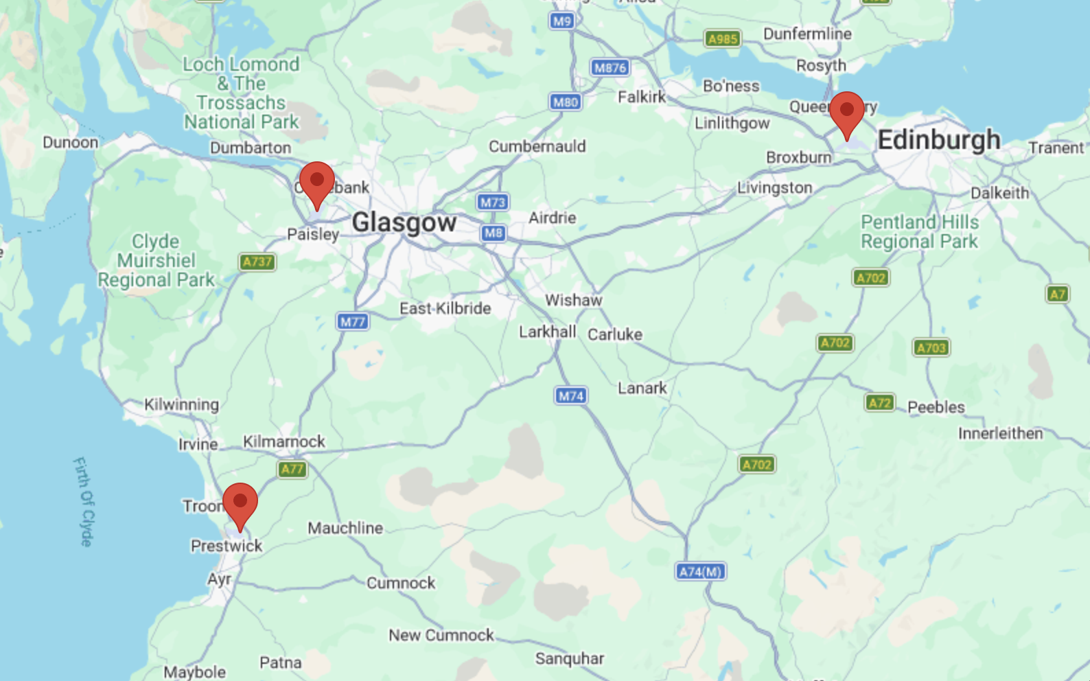 Map showing chauffeur service coverage across Glasgow, Edinburgh, and the Central Belt