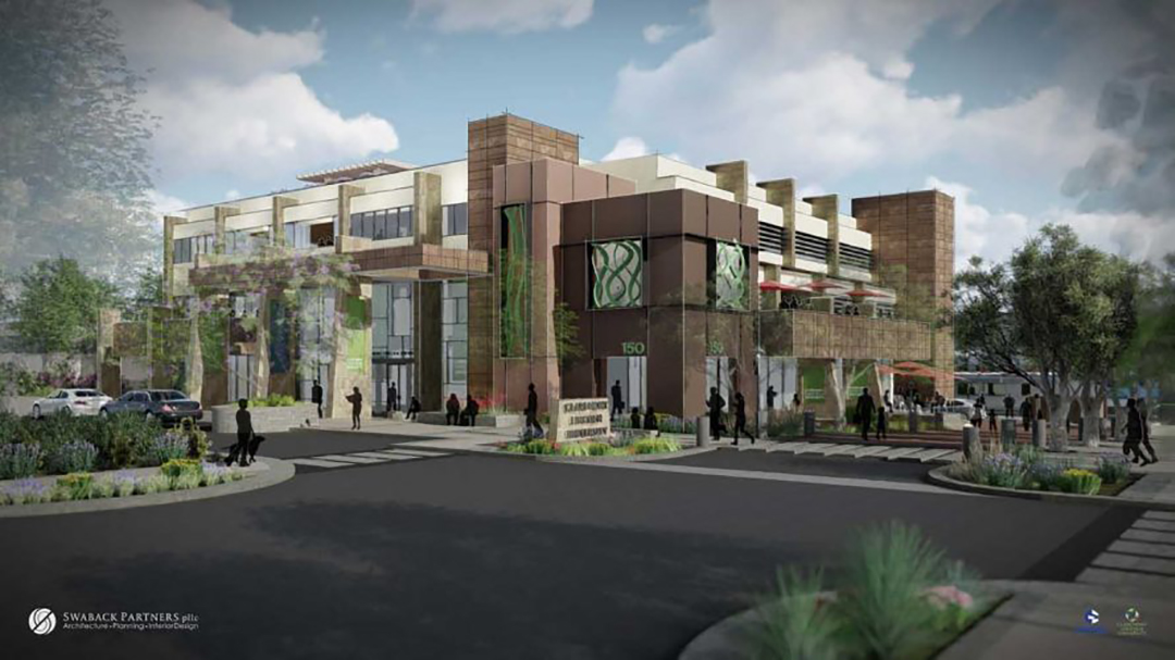 Architectural rendering of a modern office building in Claremont, California, showing a multi-story complex with glass, brick elements, landscaped walkways, and people walking near the entrance.