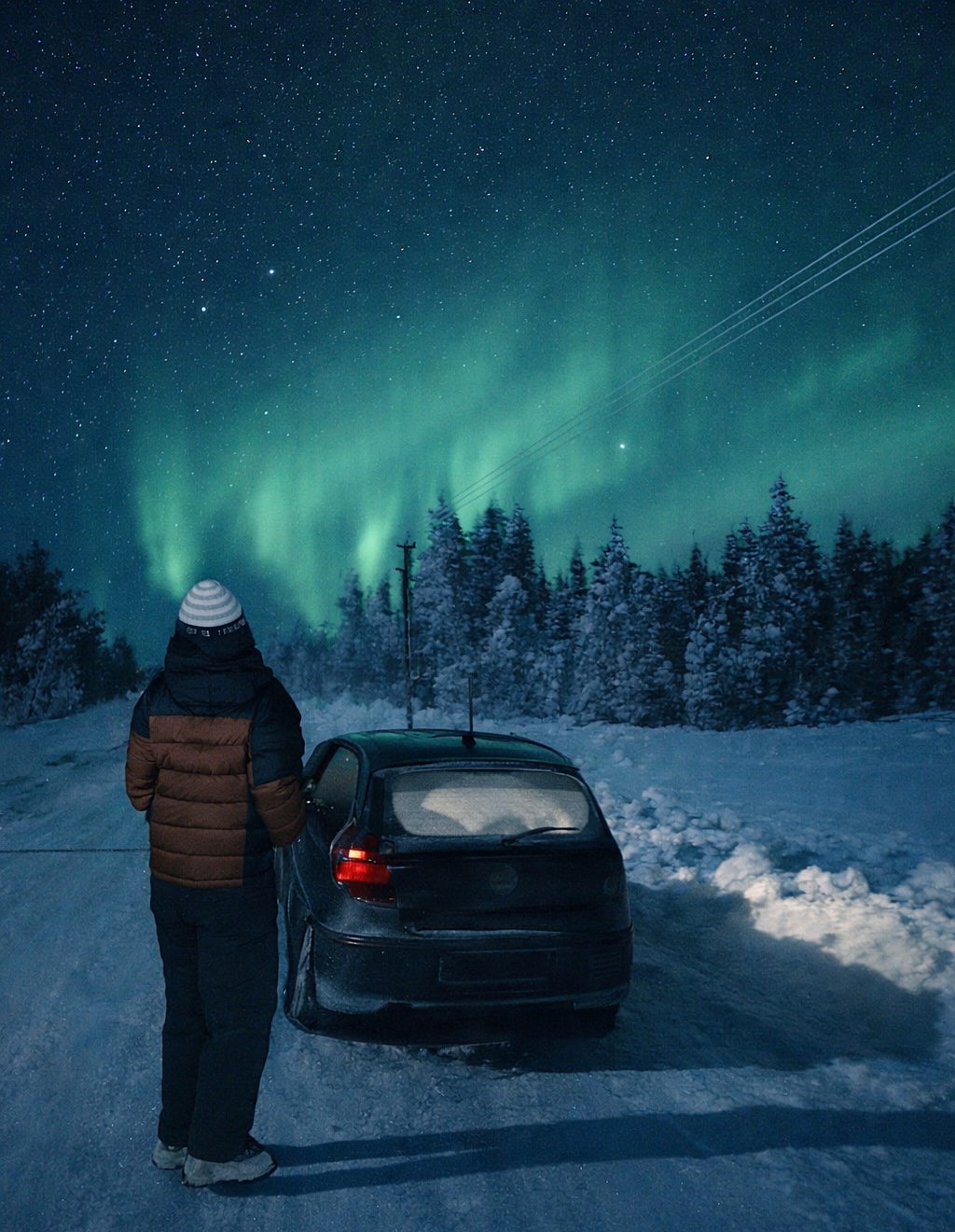 Person in winter jacket stands by a car on a snowy road beneath vibrant northern lights.
