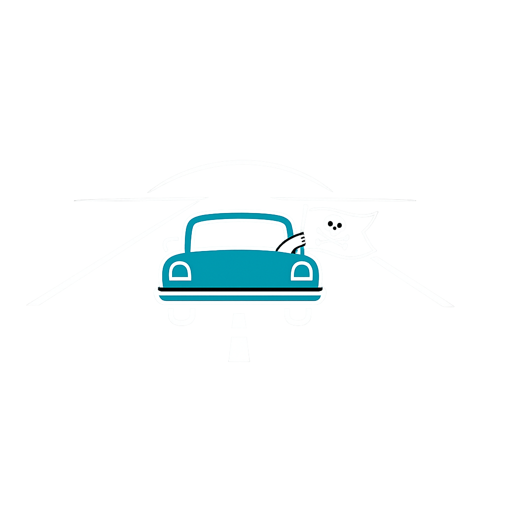 Blaues Auto auf Straße mit einer Hand, die eine Piratenflagge mit Totenkopf hält.