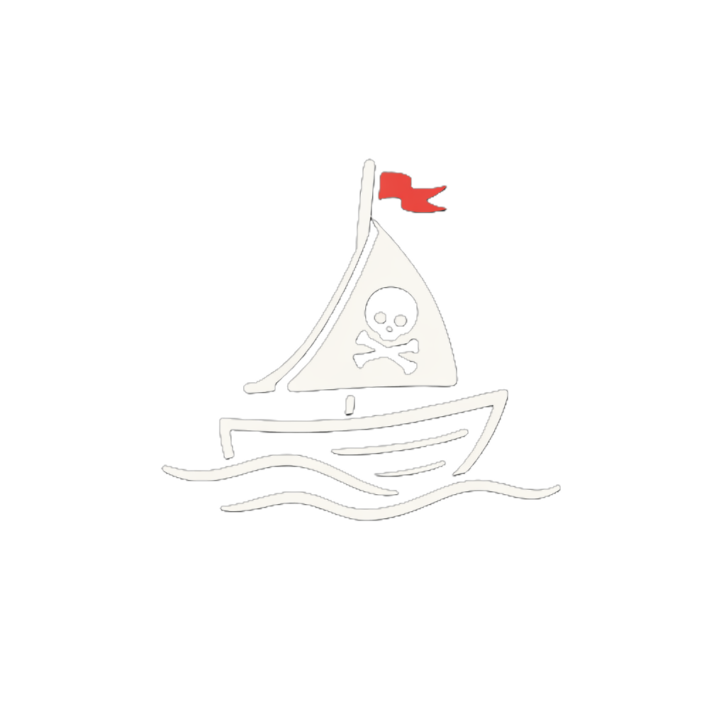 Piraten-Segelboot mit Totenkopf und roter Flagge auf Wellen.