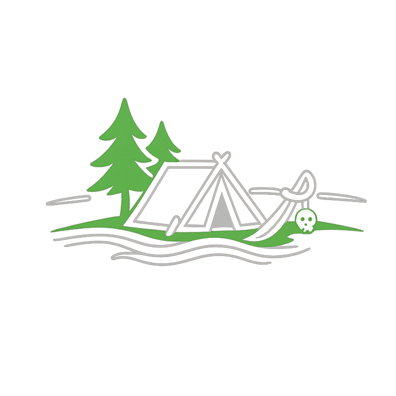 Campingzelt in einem Wald mit grünen Tannen, Wasserlinie und Totenkopf neben Folterinstrument.