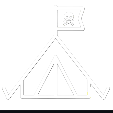 Weiße Zeltikone mit einer Flagge mit Totenkopf auf schwarzem Hintergrund.