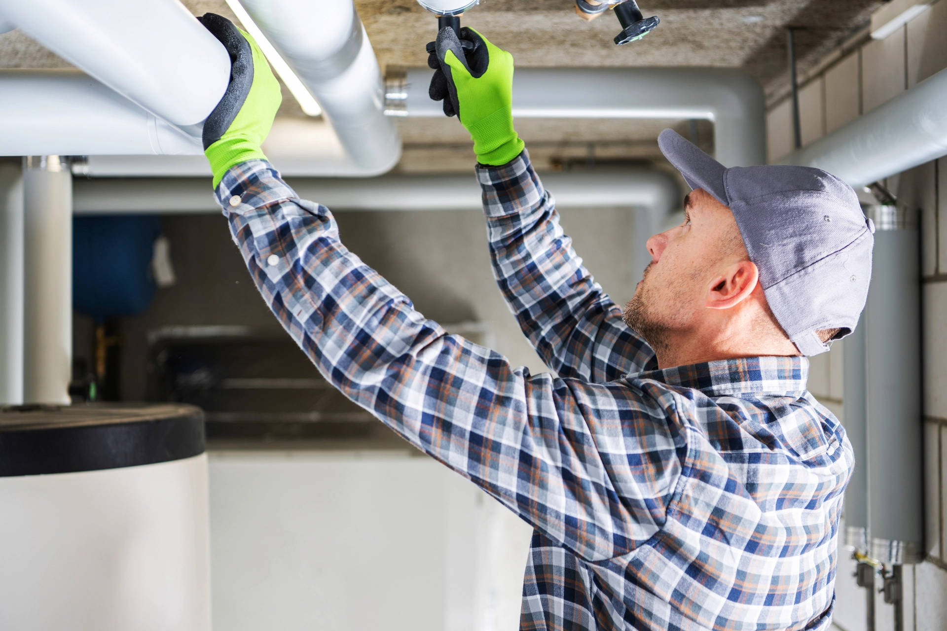 HVAC technician measuring gas pressure during furnace service in Leeds, AL.