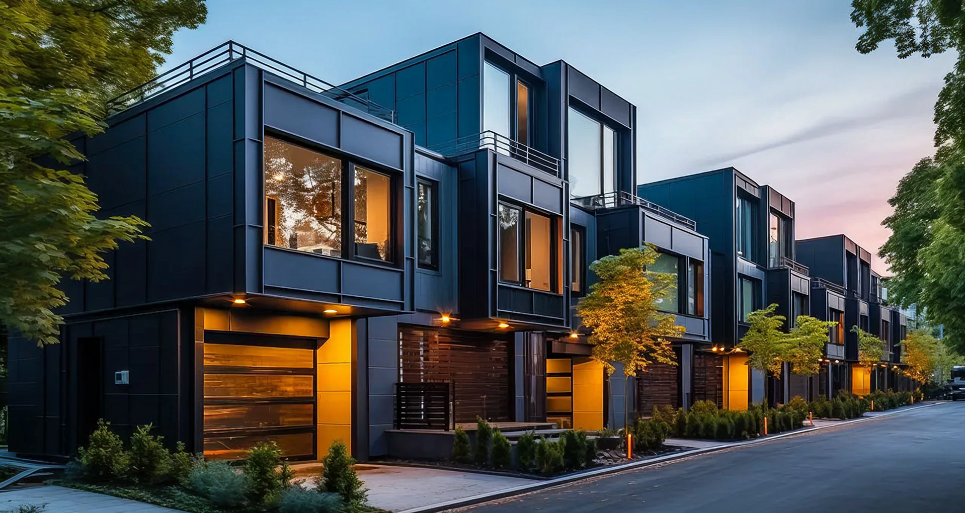 Modern row of black townhouses with large windows and illuminated garages along a tree-lined street at dusk.