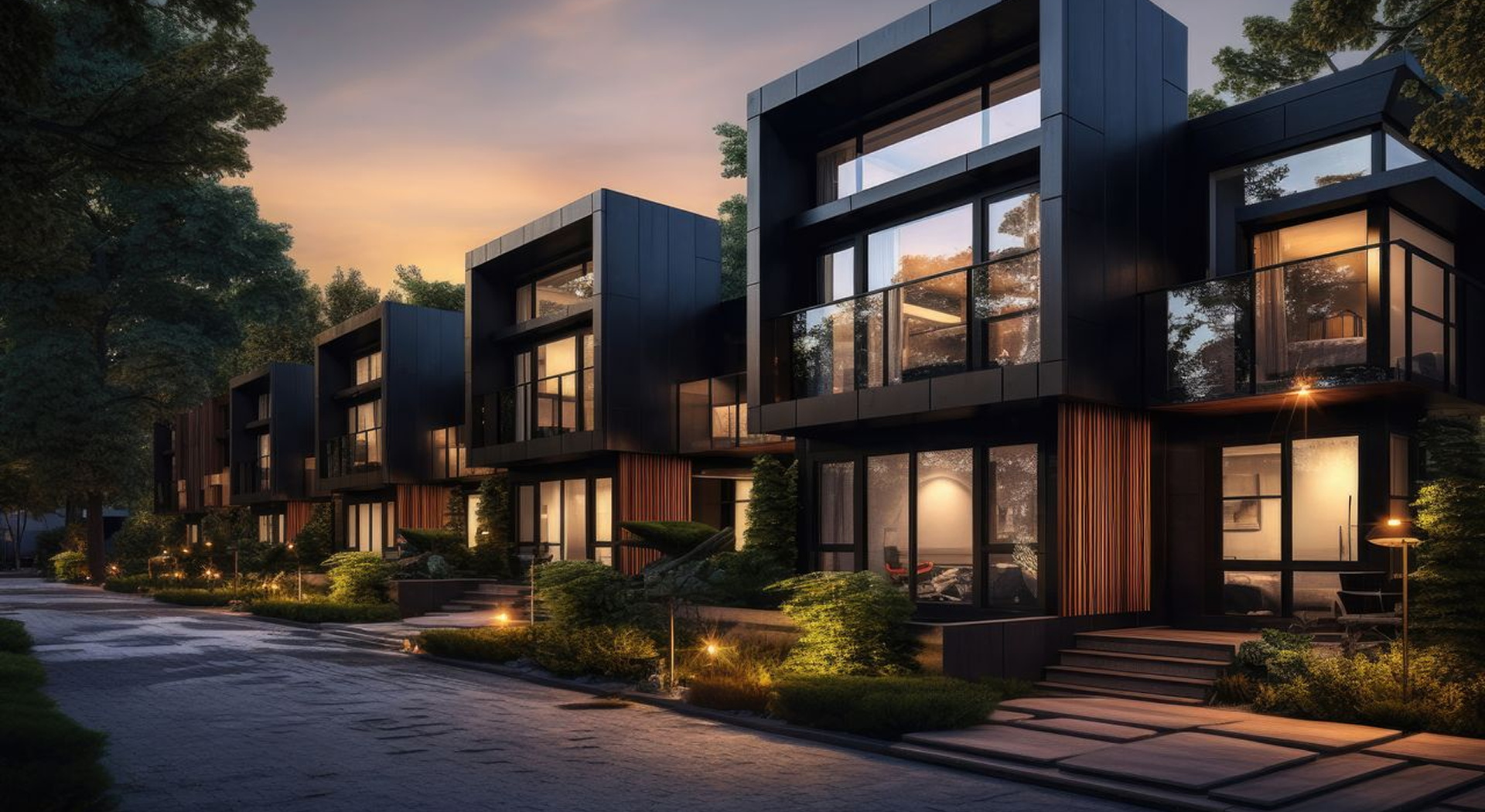 Modern townhouses with large glass windows and balconies lit warmly at dusk along a tree-lined street.