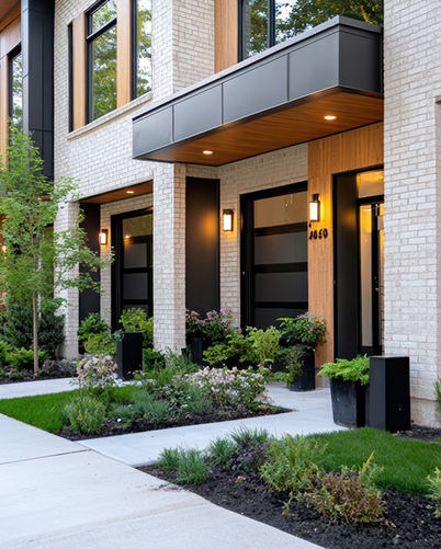 Modern townhouse entrance with white brick walls, black door, wooden accents, and landscaped greenery.