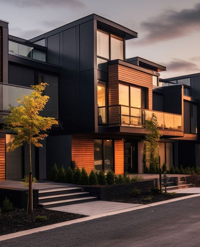 Modern two-story house with dark paneling and wood accents at dusk, featuring large windows and a small tree in front.