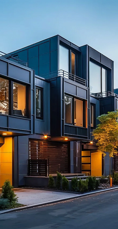 Modern multi-level townhouse with large windows lit from inside, metal railings, and a tree near the entrance at dusk.