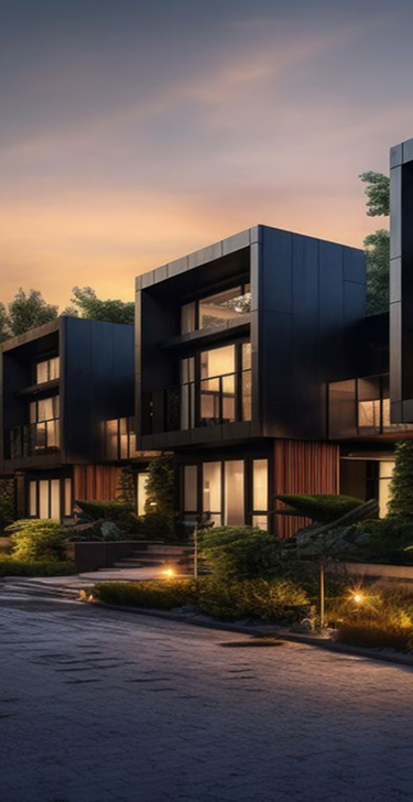 Modern townhouses with large windows and dark paneling at dusk with warm interior lighting and landscaped front yards.