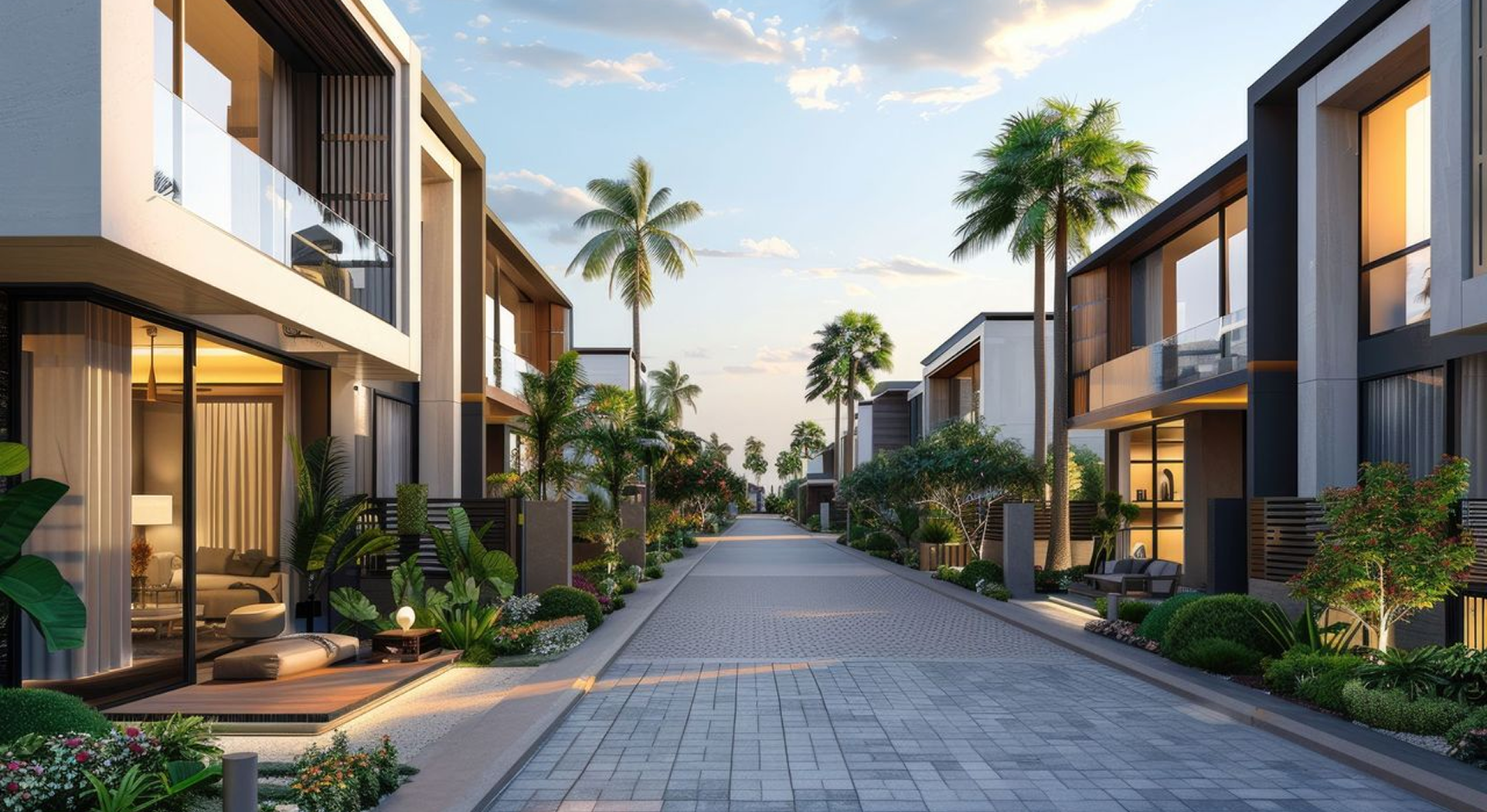 Modern residential street lined with contemporary houses, palm trees, and landscaped gardens at sunset.