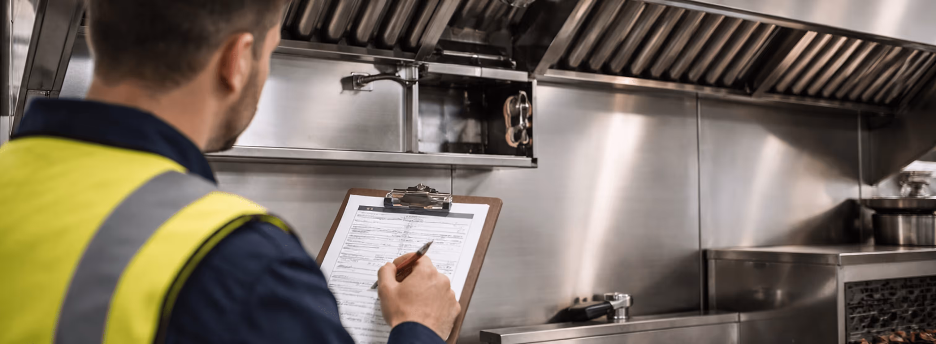 Worker in a high-visibility vest inspecting and filling out a checklist on a clipboard in a commercial kitchen.