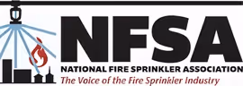 Logo of the National Fire Sprinkler Association with a sprinkler and flame icon and the tagline 'The voice of the fire sprinkler industry.'