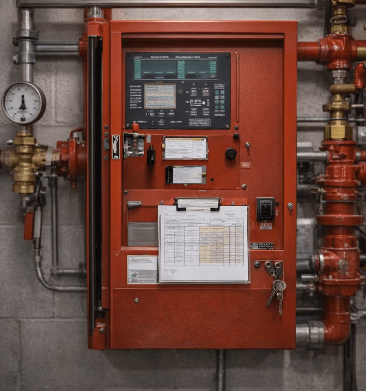 Red fire alarm control panel mounted on a wall with attached pipes and a pressure gauge to the left.