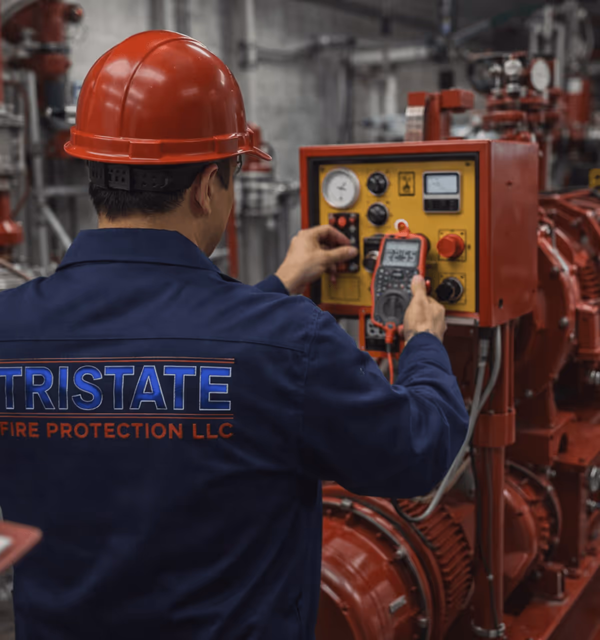 Technician wearing a red hard hat and navy jacket with TRISTATE FIRE PROTECTION LLC logo testing a red industrial control panel with a handheld multimeter.