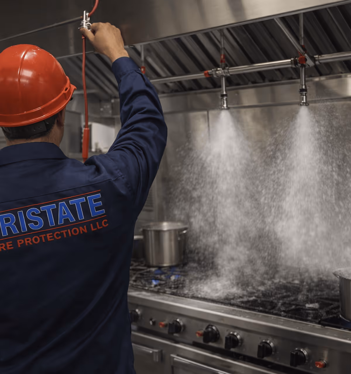 Worker in a red hard hat testing a fire suppression system spraying mist over a commercial kitchen stove.