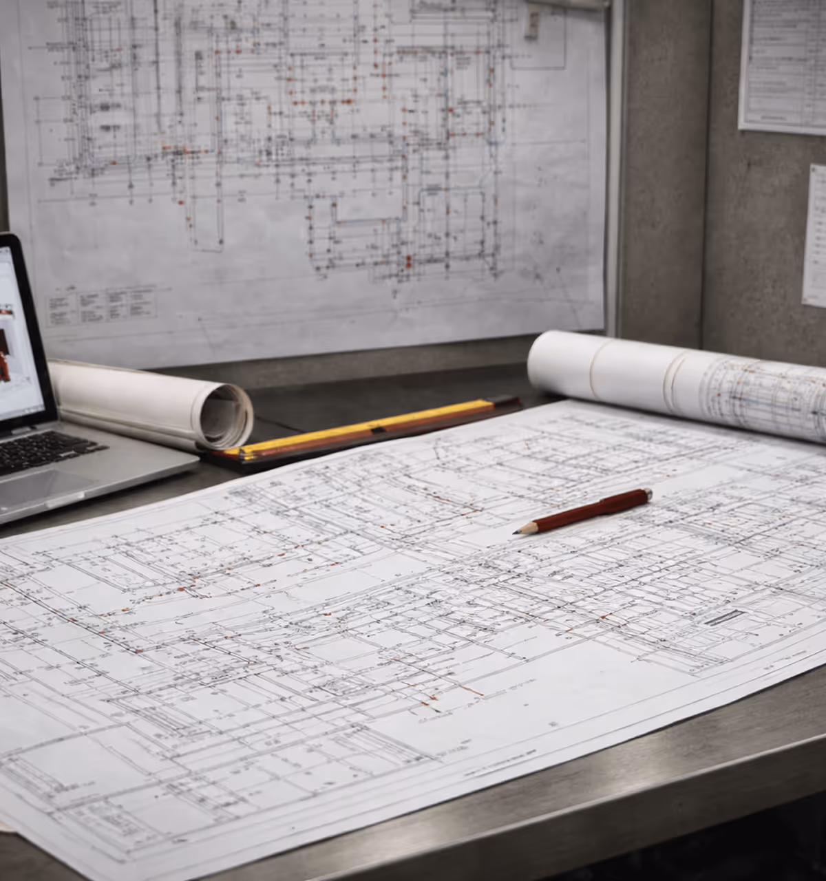 Large architectural blueprint spread on a table with a pencil on top, rolled blueprints, a laptop, and a wall-mounted blueprint in the background.