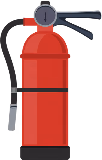 Red fire extinguisher with pressure gauge and black hose.