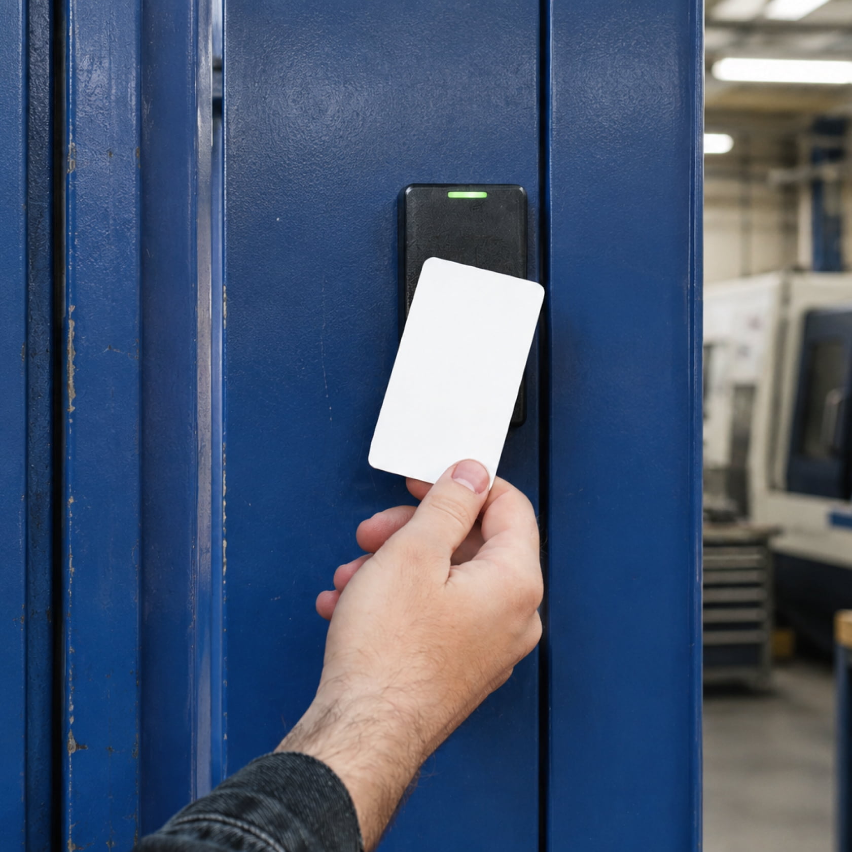 Employee using secure keycard access to enter a restricted manufacturing area