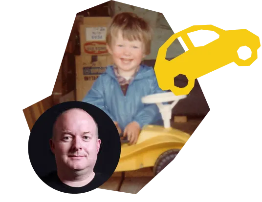 Ben Salt as a child and adult with an illustration of a car