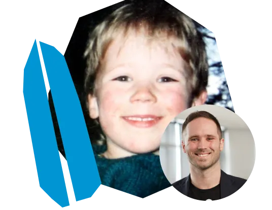 Jamie Macdonald as a child and an adult with a picture of a surfboard