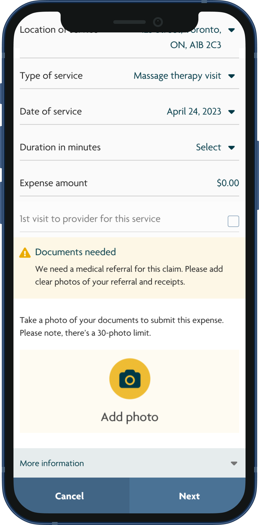 Screenshot of a user filling out a health benefits claim using the Sun Life mobile app. There is a text alert letting them know a medical referral is required to process their claim. 