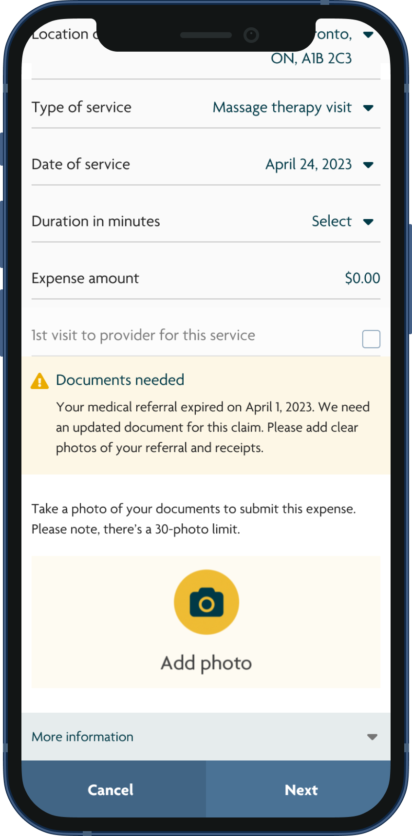 Screenshot of a user filling out a health benefits claim using the Sun Life mobile app. There is a text alert letting them know their medical referral expired and they need to get a new one. 
