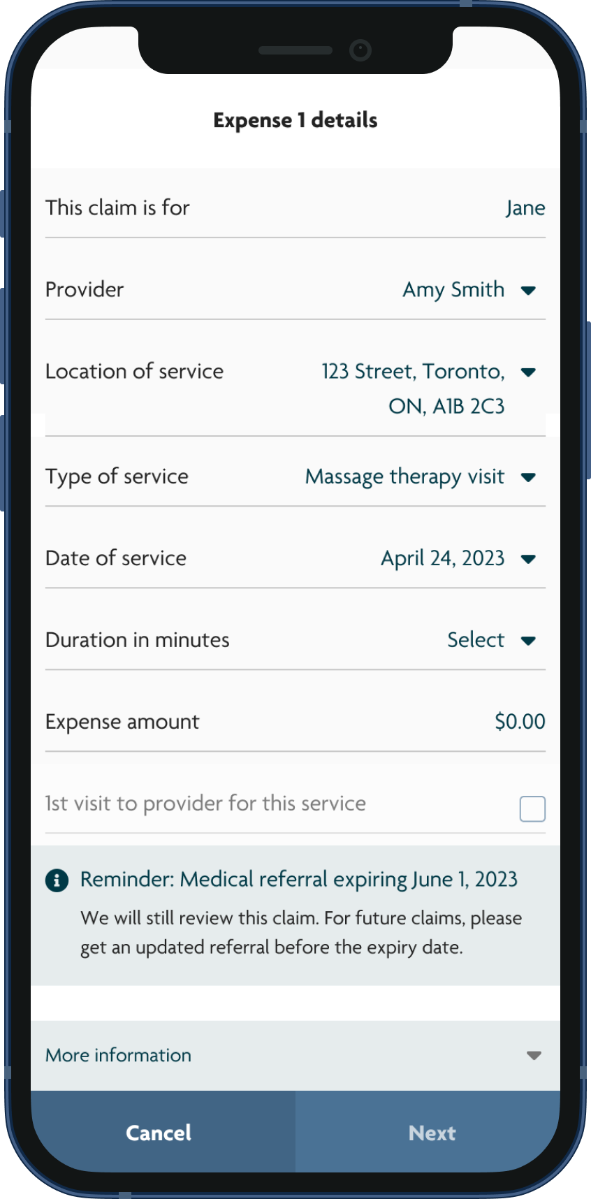 Screenshot of a user filling out a health benefits claim using the Sun Life mobile app. There is a text alert letting them know their medical referral is expiring soon.