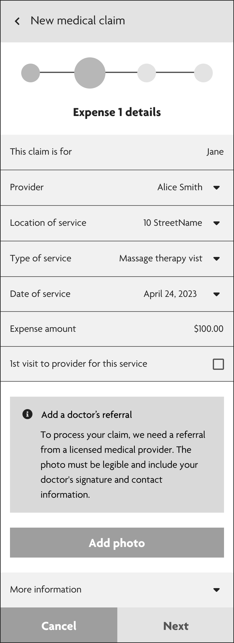 Low-fidelity wireframe of a user filling out a health benefits claim. There is a text alert letting them know that a medical referral is required to process their claim.