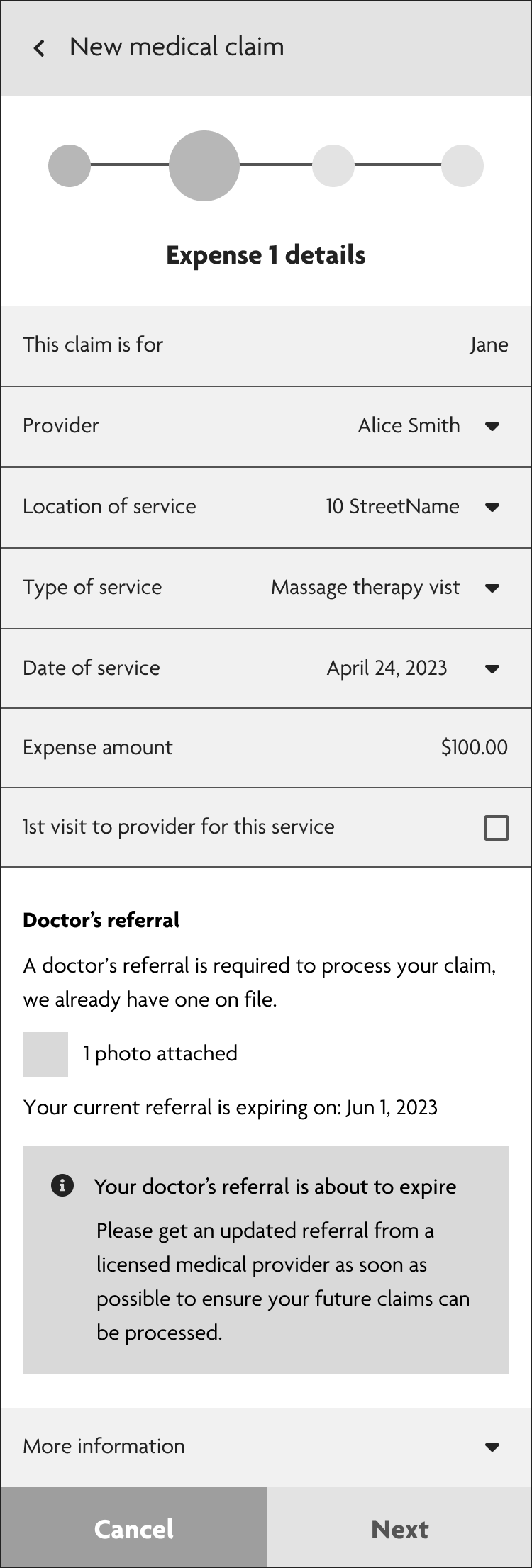 Low-fidelity wireframe of a user filling out a health benefits claim. There is a text alert letting them know that their medical referral is about to expire. 