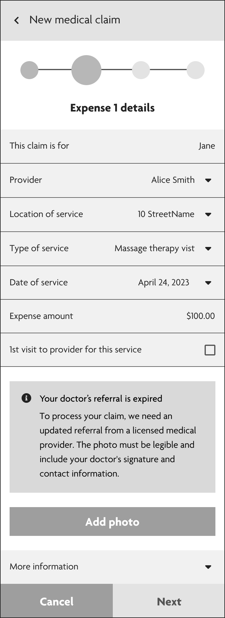 Low-fidelity wireframe of a user filling out a health benefits claim. There is a text alert letting them know that their medical referral has expired. 