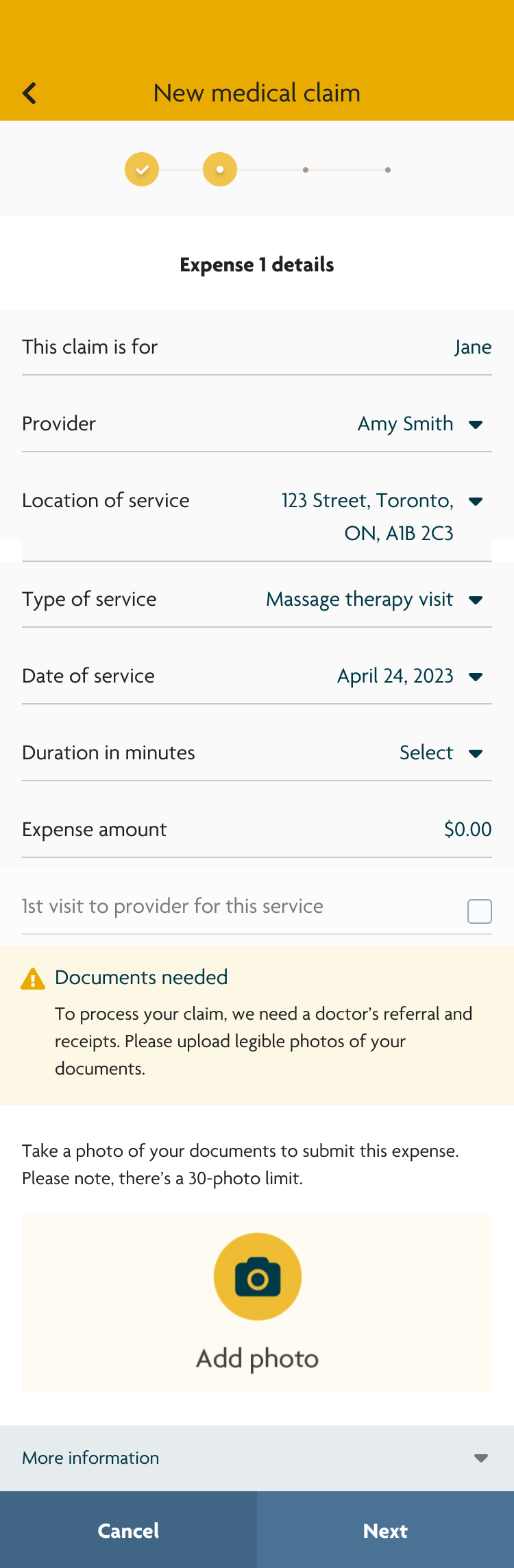 Version 1 of a high-fidelity wireframe of a user filling out their health benefits claim. There is an alert message telling users that a medical referral is required to process their claim. 