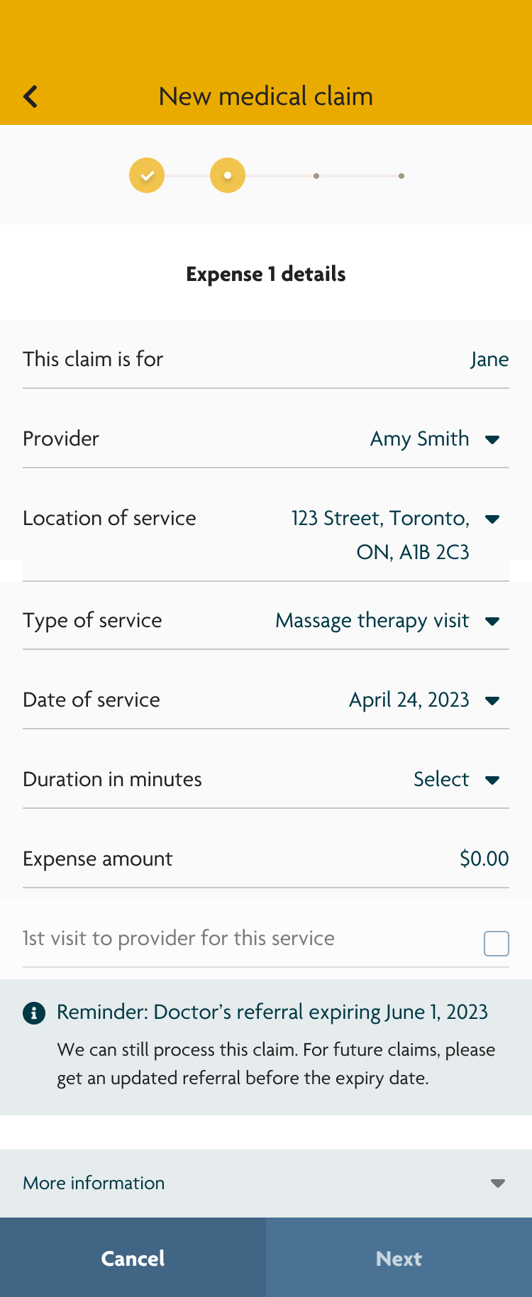Version 1 of a high-fidelity wireframe of a user filling out their health benefits claim. There is an alert message telling users that their medical referral is expiring soon. 